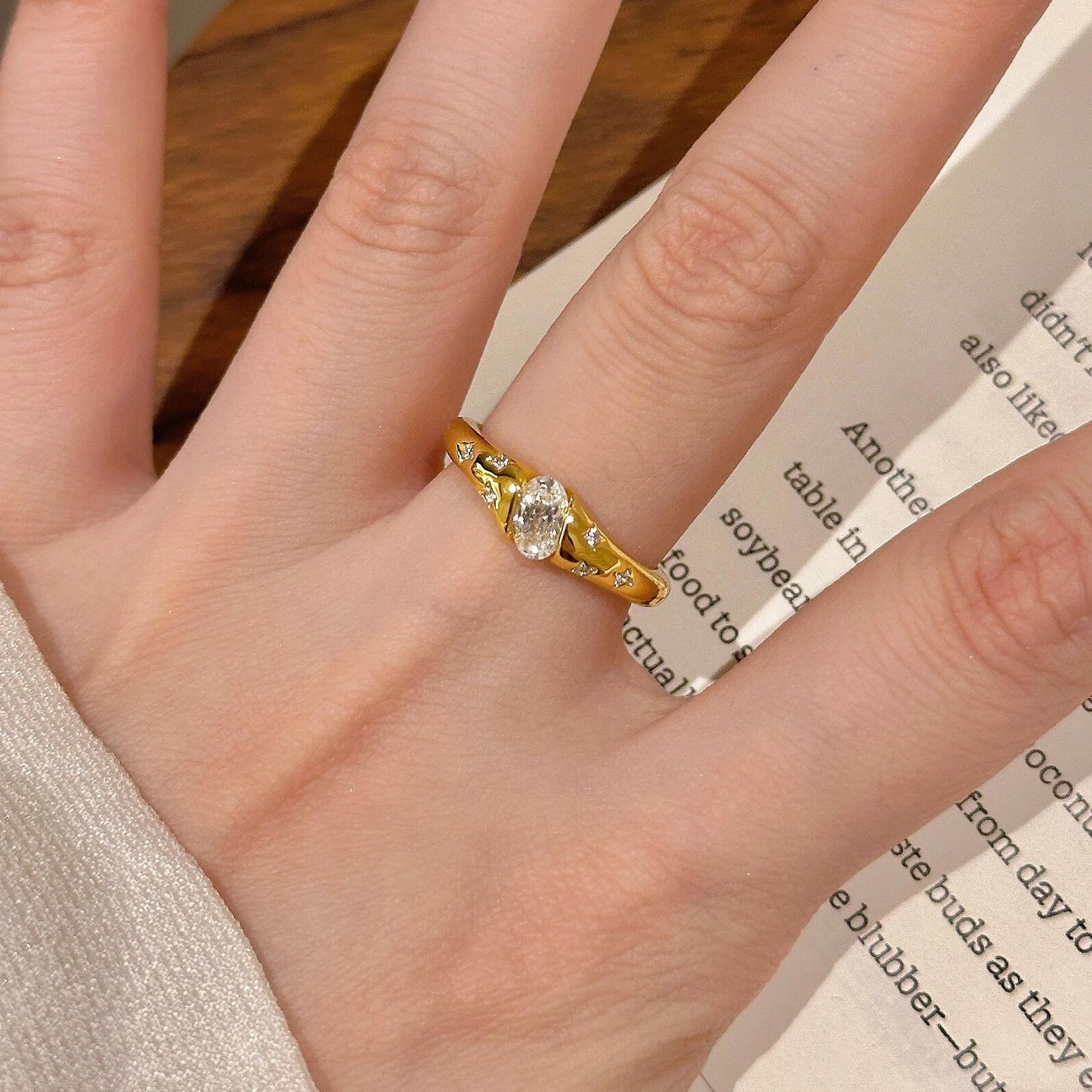 S925 Sterling Silver Plated 18K Gold Star Asteroid Ring, Exquisite Layered Diamond Ring