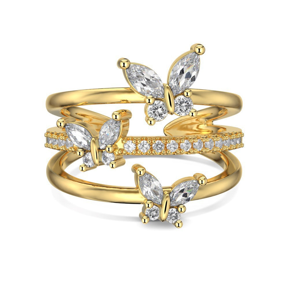 S925 Sterling Silver Ring, Women's Gold Butterfly Zircon Light Luxury High-end Ring