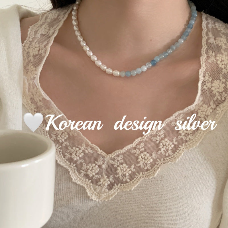 Handmade Minimalist Silver Jewelry S925 Pure Silver Aquamarine Treasure Pearl Splicing Necklace