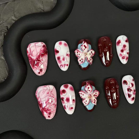 Handmade Wearing, Blending, Hand Drawn, Three-dimensional Carved, High-end Medium To Long Almond Shaped Nail Art Pieces
