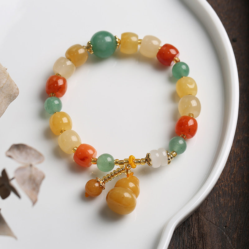 Pulsera de jade de seda dorada natural de Xinjiang, estilo étnico, con nudo de bambú y cuentas de calabaza, pulsera de jade amarillo colgante