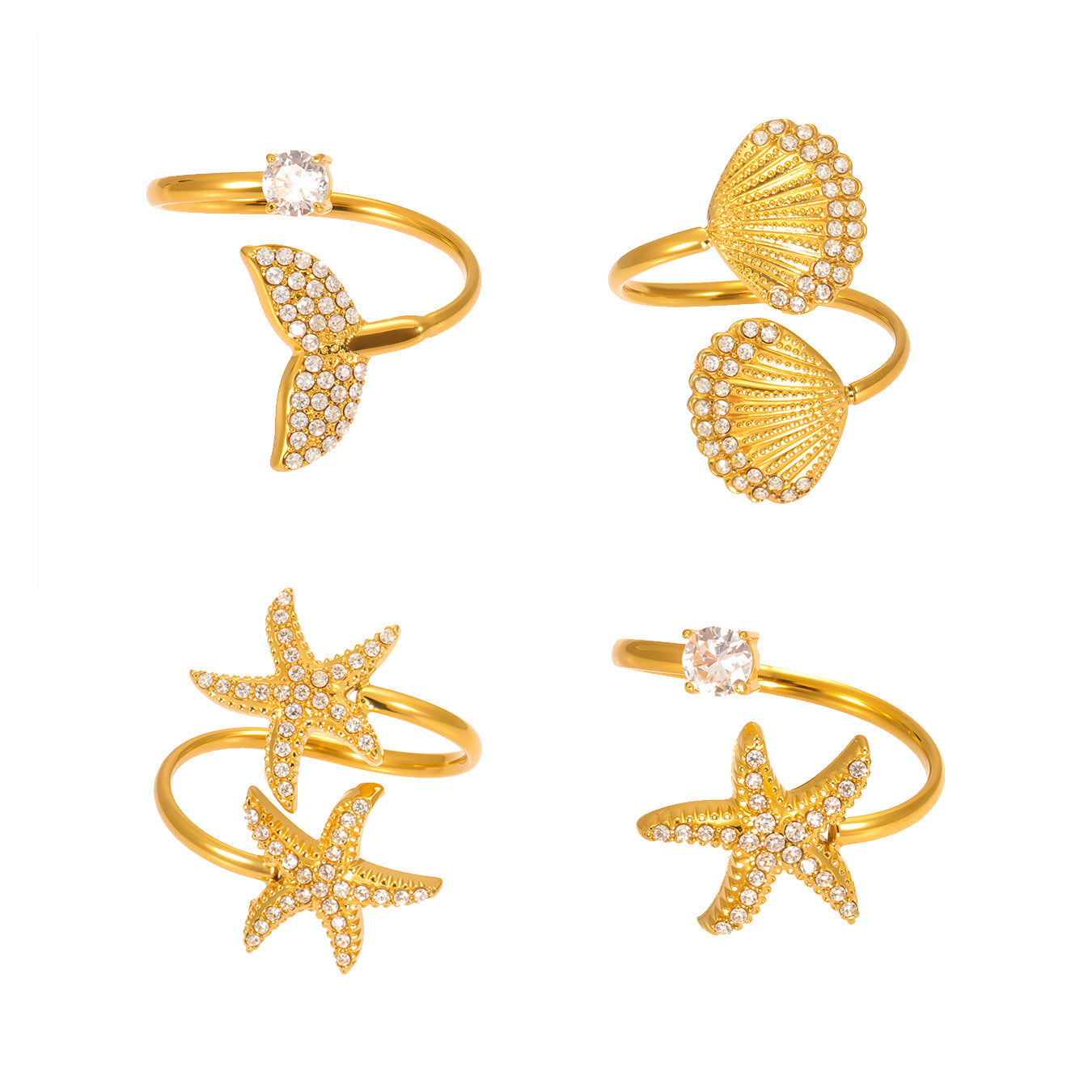 18K Gold Starfish Shell Zircon Open Index Finger Ring Summer Ocean Wind Stainless Steel
