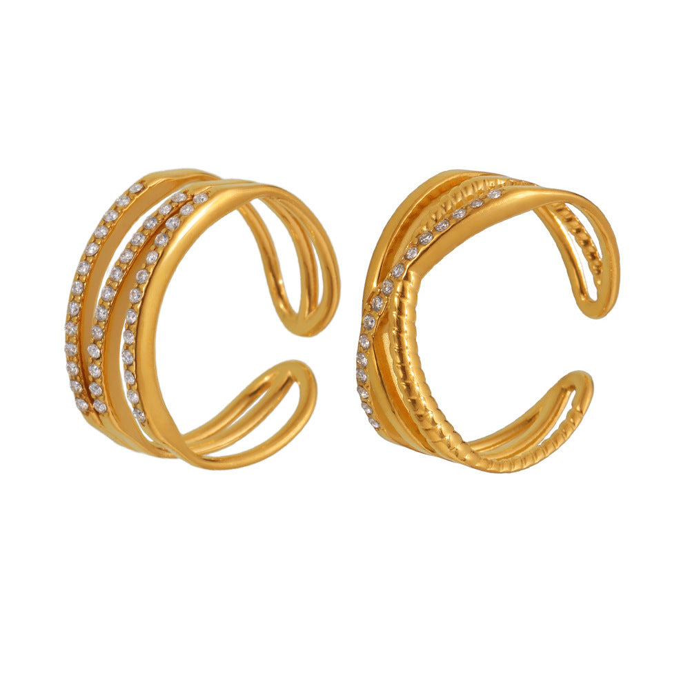 5A Zircon Ultra fine Three layer Ring Stainless Steel Vacuum Plated 18K Gold with Adjustable Opening