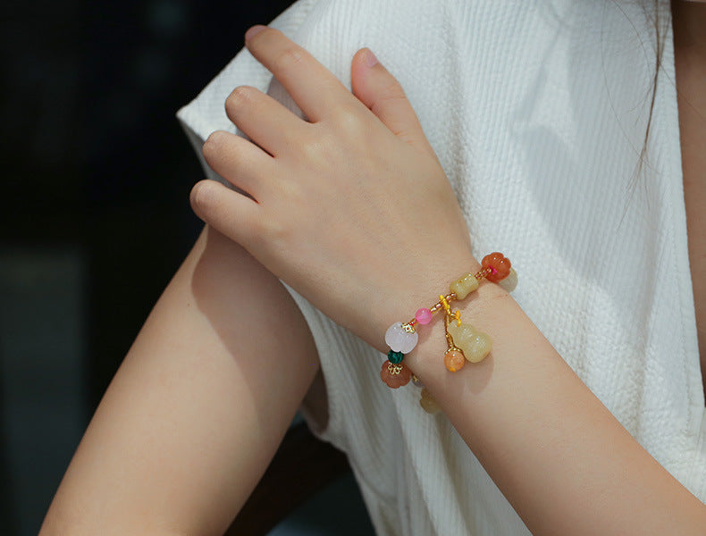 Pulsera de jade de seda dorada natural de Xinjiang, estilo étnico, con nudo de bambú y cuentas de calabaza, pulsera de jade amarillo colgante