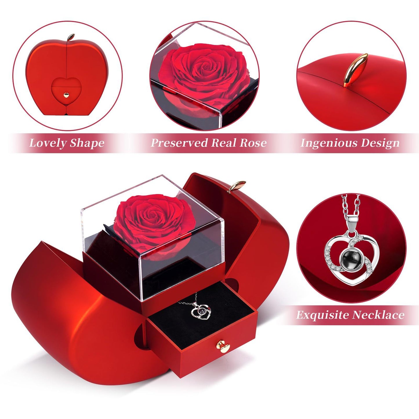 Apple Rose Jewelry Box Heart Shaped Necklace Love Pendant Valentine's Day Christmas Gift