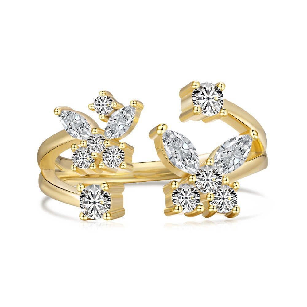 S925 Sterling Silver Ring, Women's Gold Butterfly Zircon Light Luxury High-end Ring