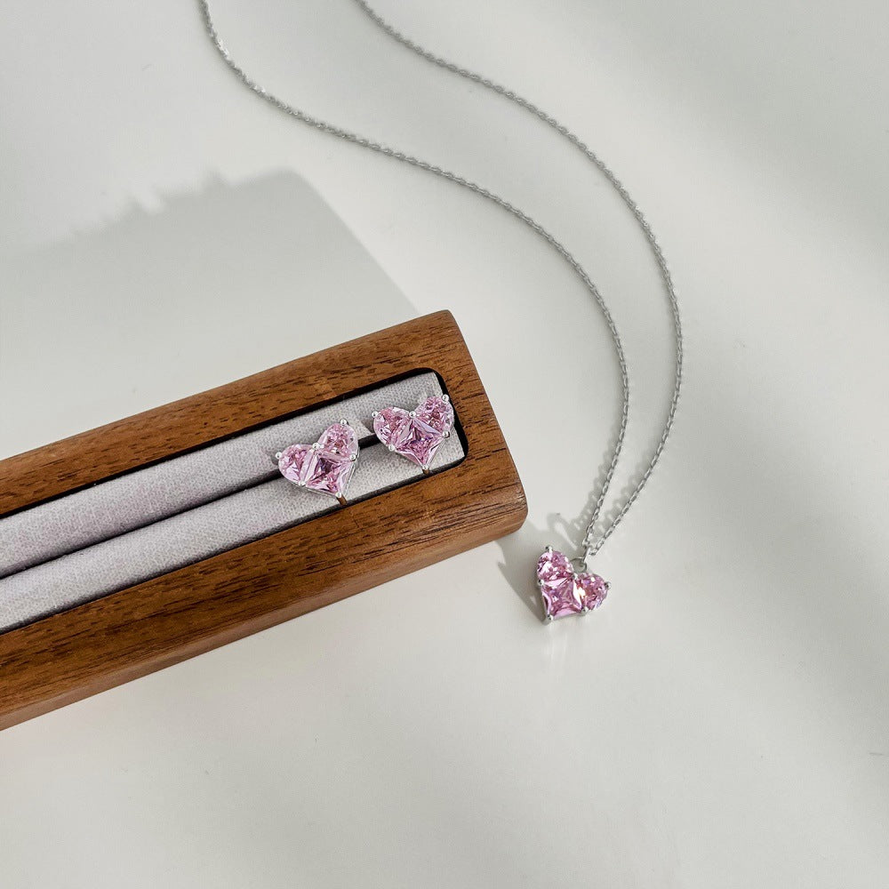 S925 Silver Pink Heart-shaped Zircon Jewelry Necklace Earrings