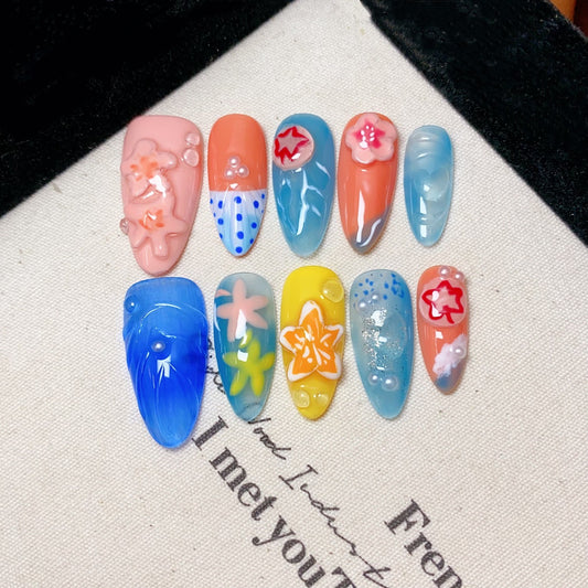 100% Handmade Wearing Nail, Almond Nail Art for Spring and Summer, European and American High-end Nail Art
