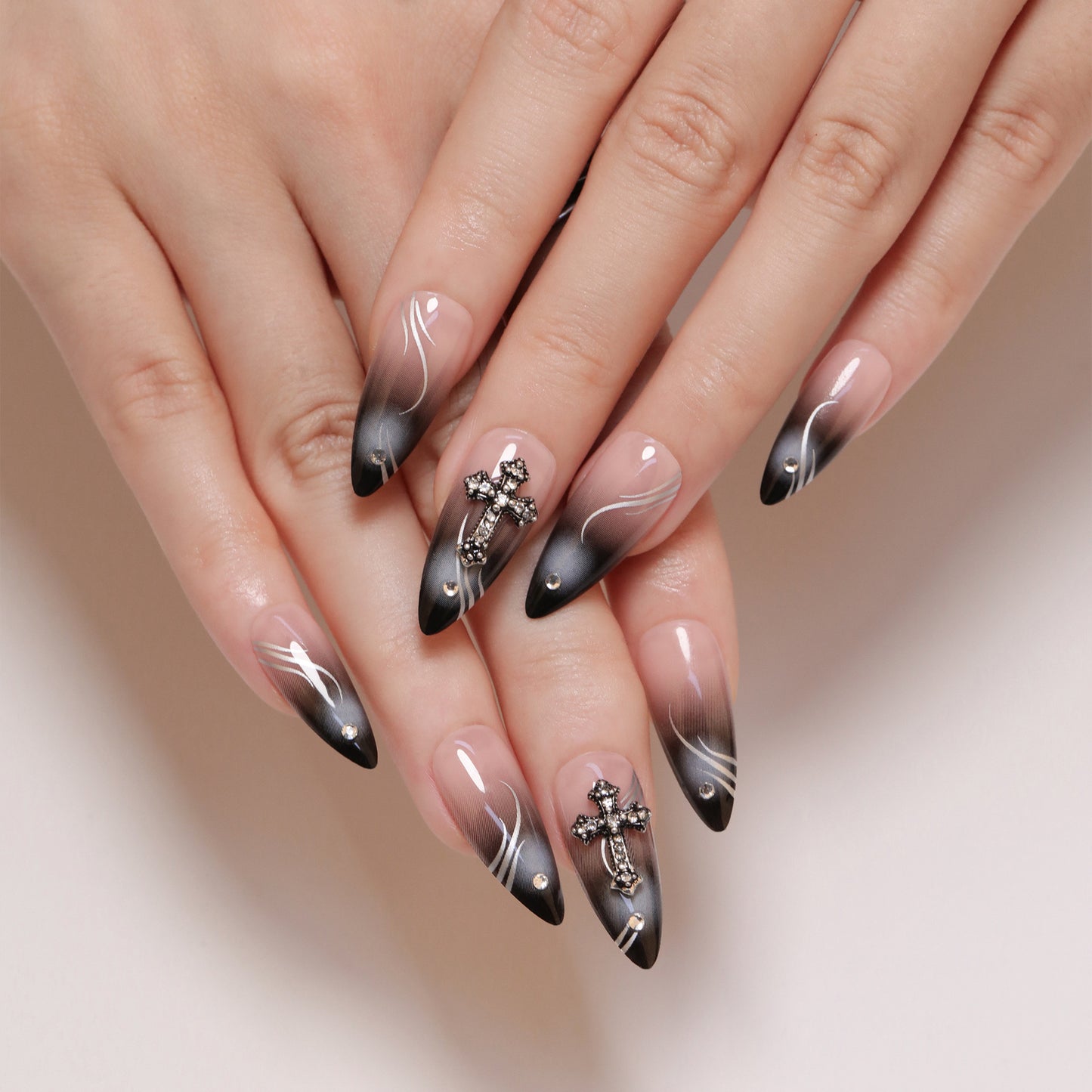 Wearing Nail Plates, French Black Smudge Nail Art, Fake Nails, Cross Nail Patches