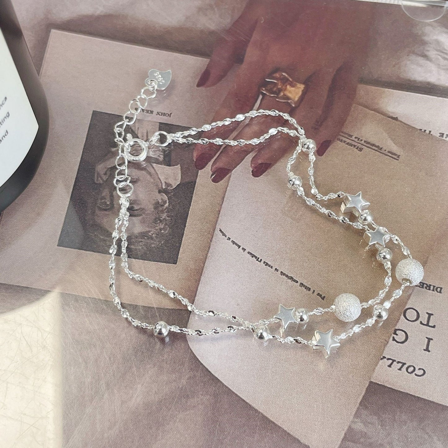 S925 Sterling Silver Double-layer Star Bracelet with Frosted Round Beads