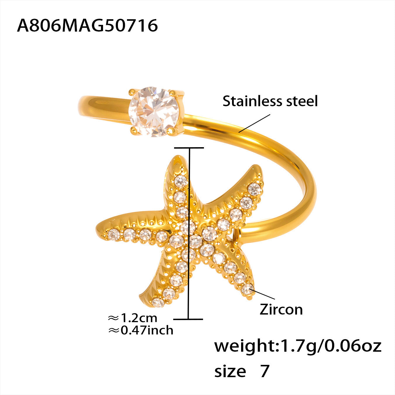 18K Gold Starfish Shell Zircon Open Index Finger Ring Summer Ocean Wind Stainless Steel