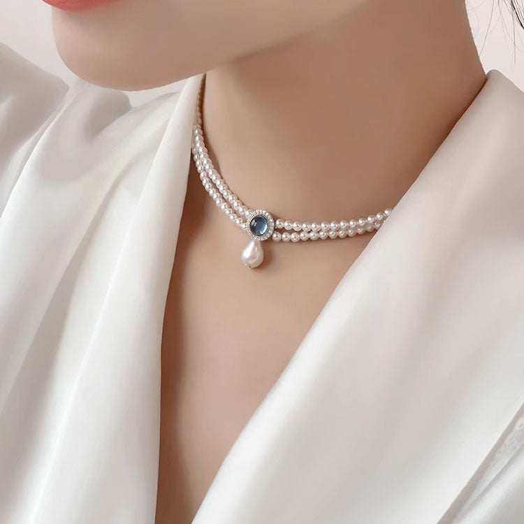 S925 Sterling Silver Natural Aquamarine High-quality Artificial Pearl Double-layer Necklace for Women's Collarbone Chain