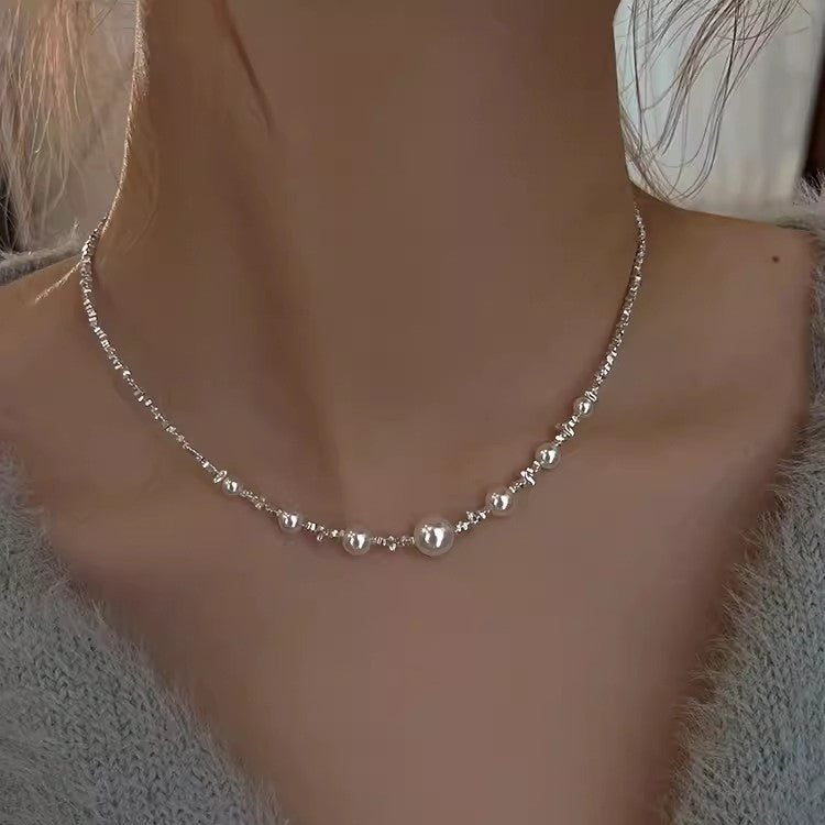 S925 Sterling Silver Faux Pearl Necklace for Women, Geometric Necklace for Women