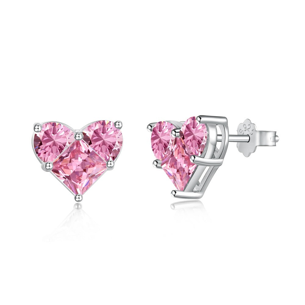 S925 Silver Pink Heart-shaped Zircon Jewelry Necklace Earrings
