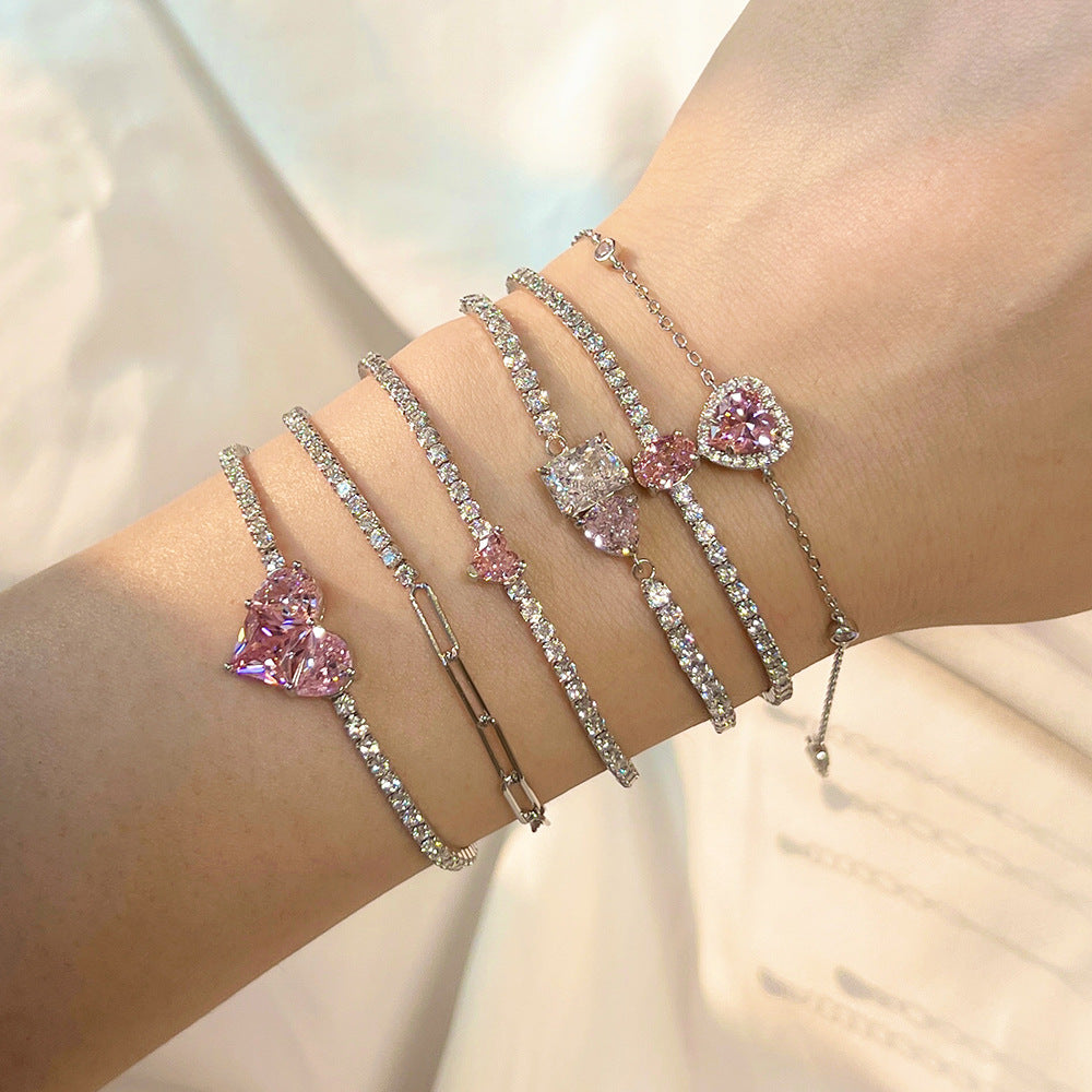 S925 Sterling Silver Bracelet for Women, Pink Heart-shaped Zircon Row Diamond