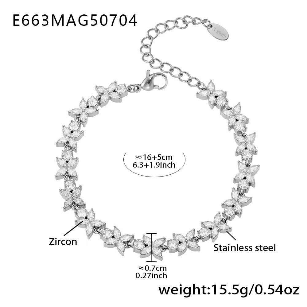 Stainless Steel 5A Zircon Four Leaf Flower Full Diamond Bracelet, New Chinese Style Bracelet Combination