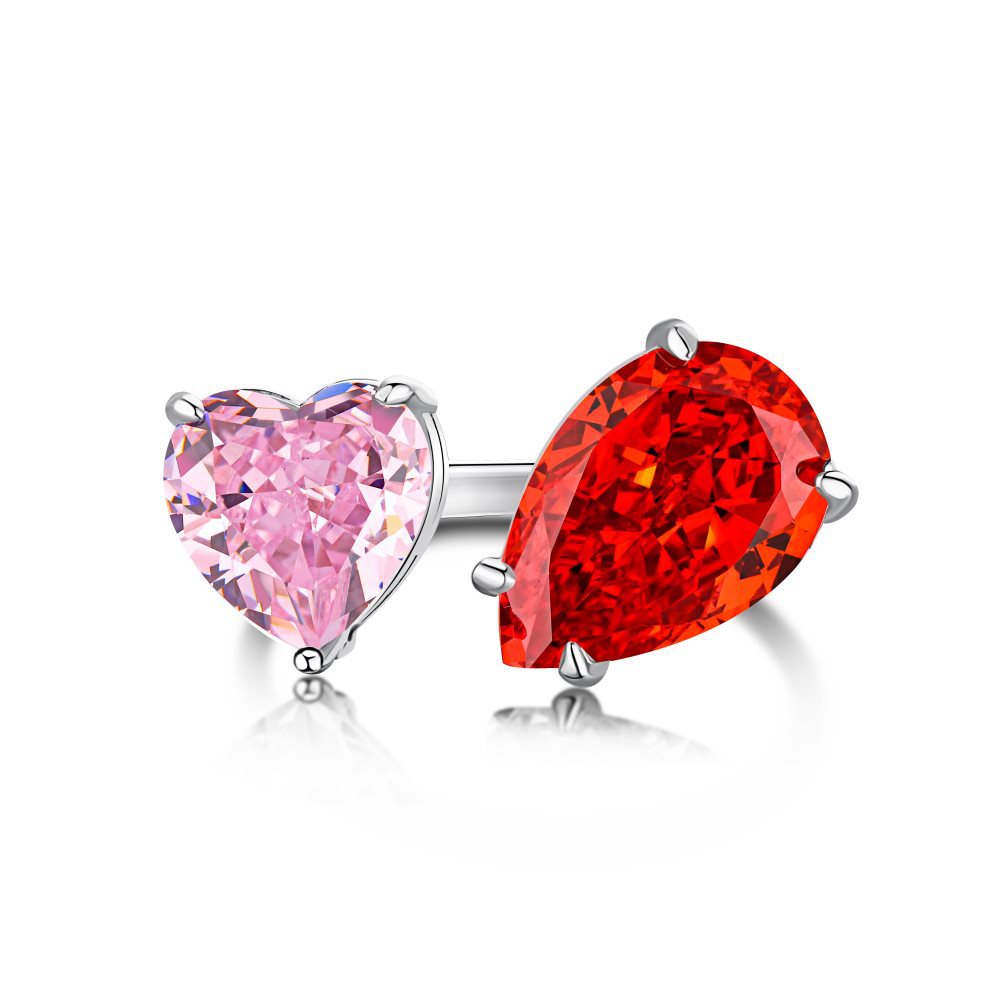 S925 Pure Silver Ring, Women's Water Droplet Fashion Diamond Arrangement, Peach Heart Square Diamond Pink High Carbon Diamond Ring
