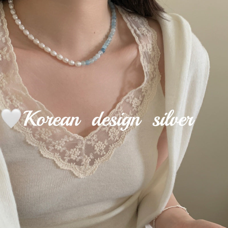 Handmade Minimalist Silver Jewelry S925 Pure Silver Aquamarine Treasure Pearl Splicing Necklace