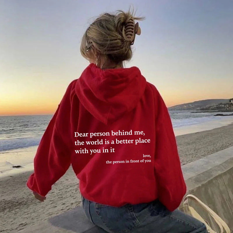 Sudadera con capucha de terciopelo para mujer, con estampado de letras en color liso, bolsillo canguro y cordón ajustable