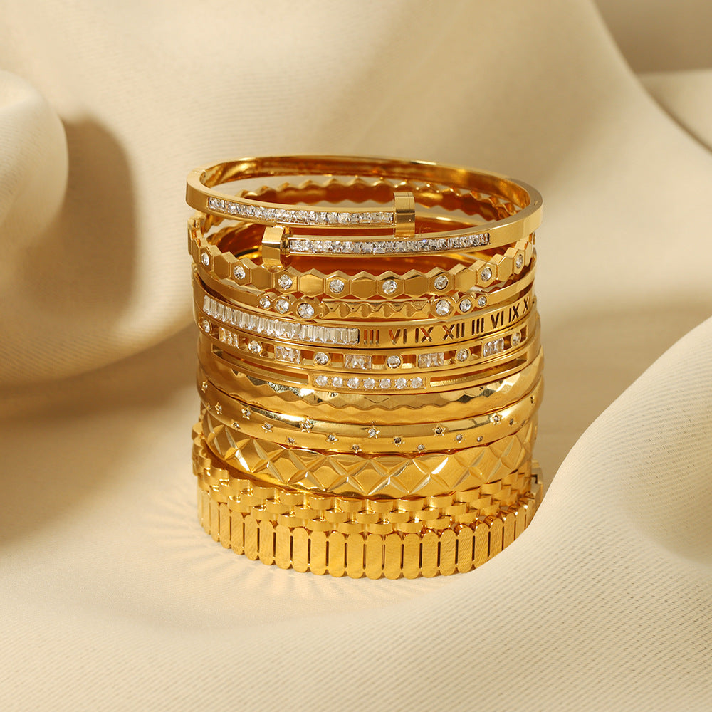 Zircon Bracelet with Roman Numerals, Diamond Pattern, Five-pointed Star, Stainless Steel Plated with Real Gold Jewelry