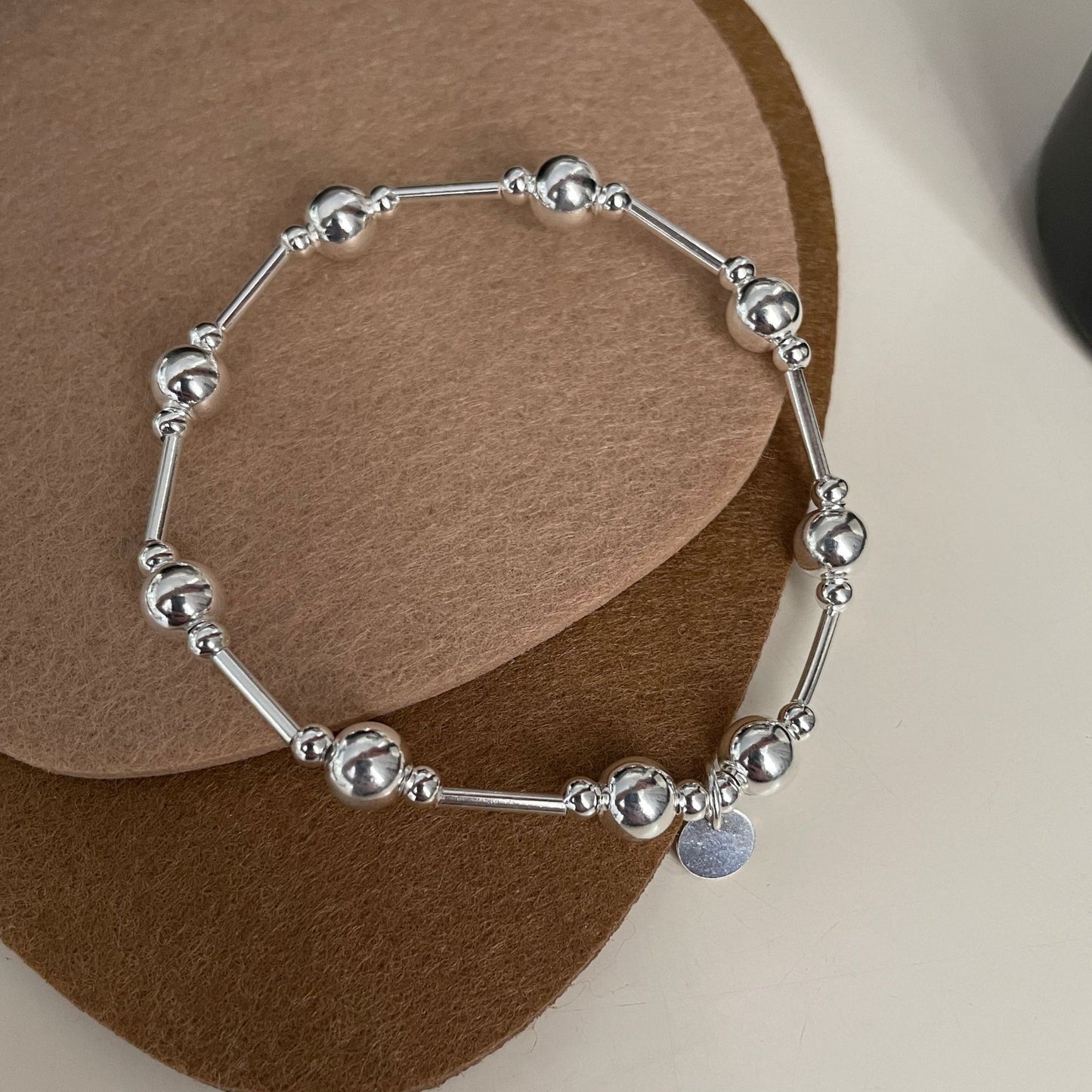 S925 Sterling Silver Round Bead Bracelet with Fine Lines and Elastic Bracelet