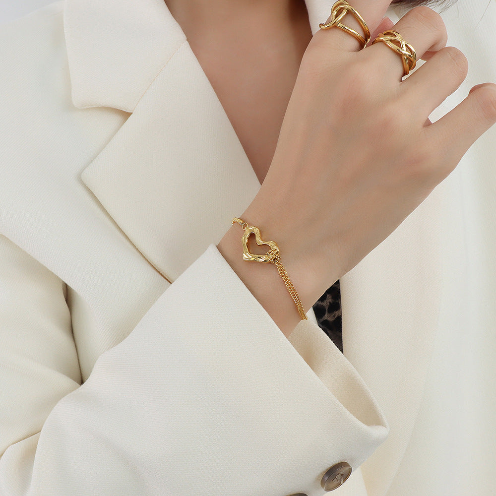 Fashionable and Minimalist Titanium Steel Plated 18k Gold Peach Heart Double-layer Steel Ball Bracelet