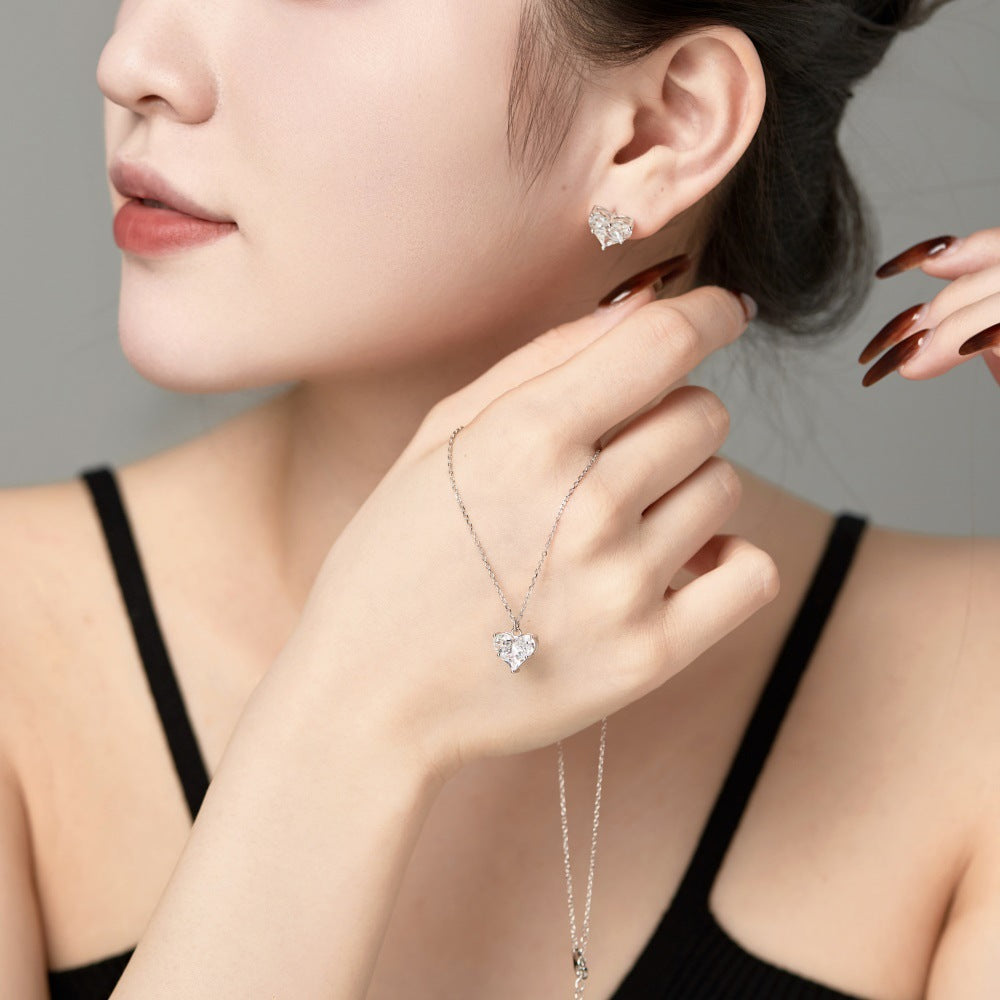S925 Silver Pink Heart-shaped Zircon Jewelry Necklace Earrings