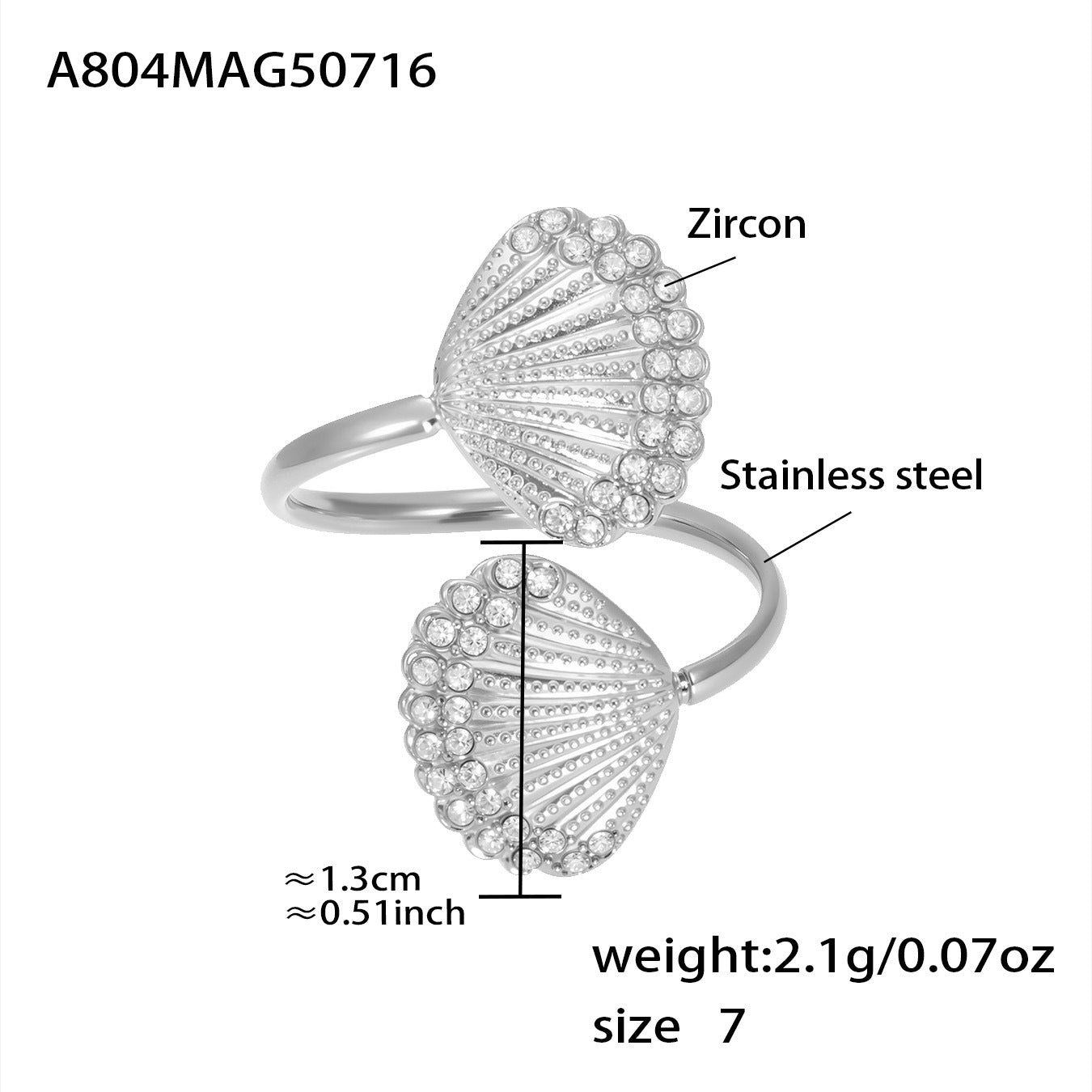 18K Gold Starfish Shell Zircon Open Index Finger Ring Summer Ocean Wind Stainless Steel