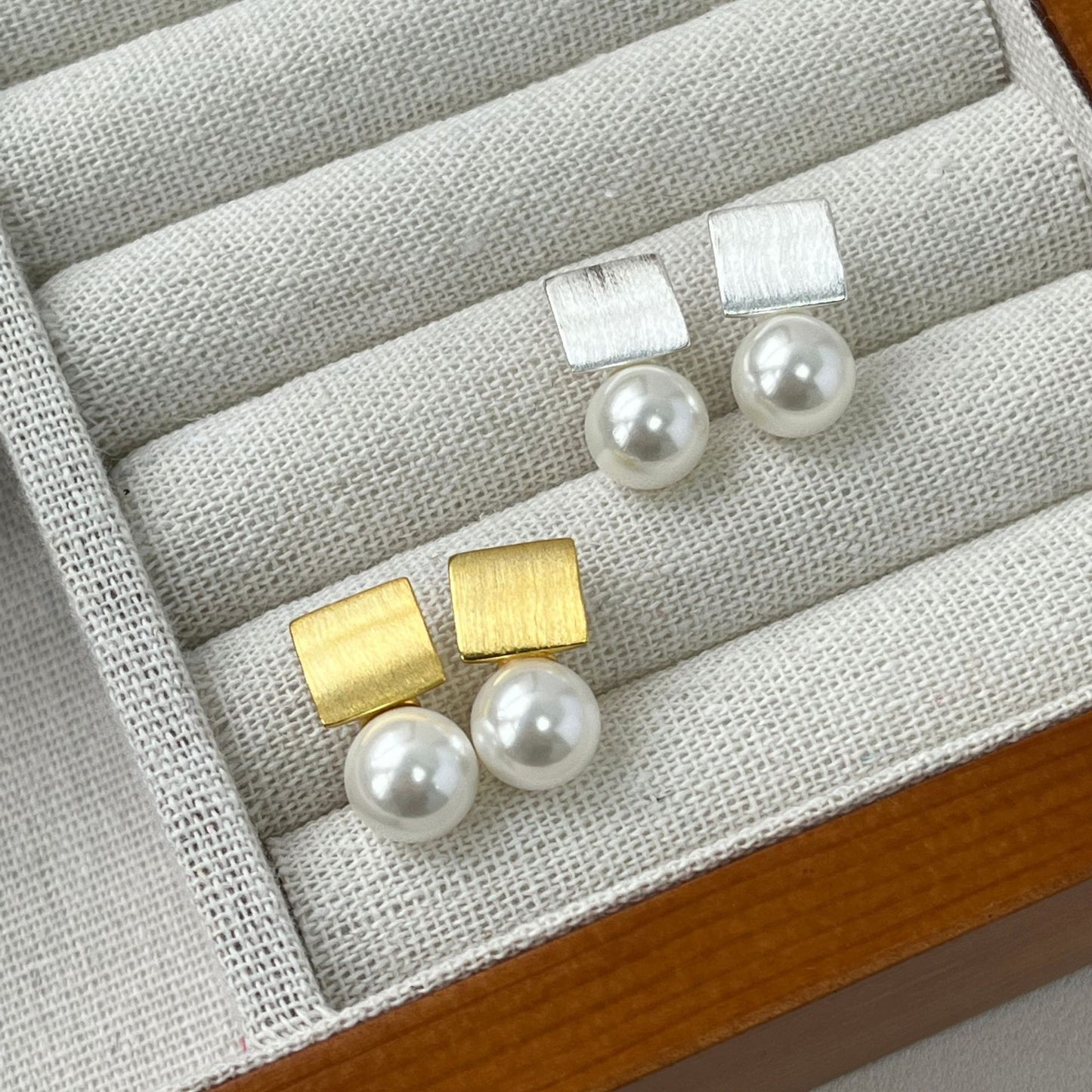 S925 Pure Silver Geometric Earrings French Retro Pearl Square Earrings