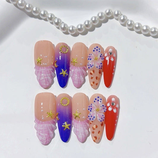 100% Handmade Press On Nails Medium To Long Almond Shaped Armor with Multi Colored Three-dimensional Carved Shells and Starfish