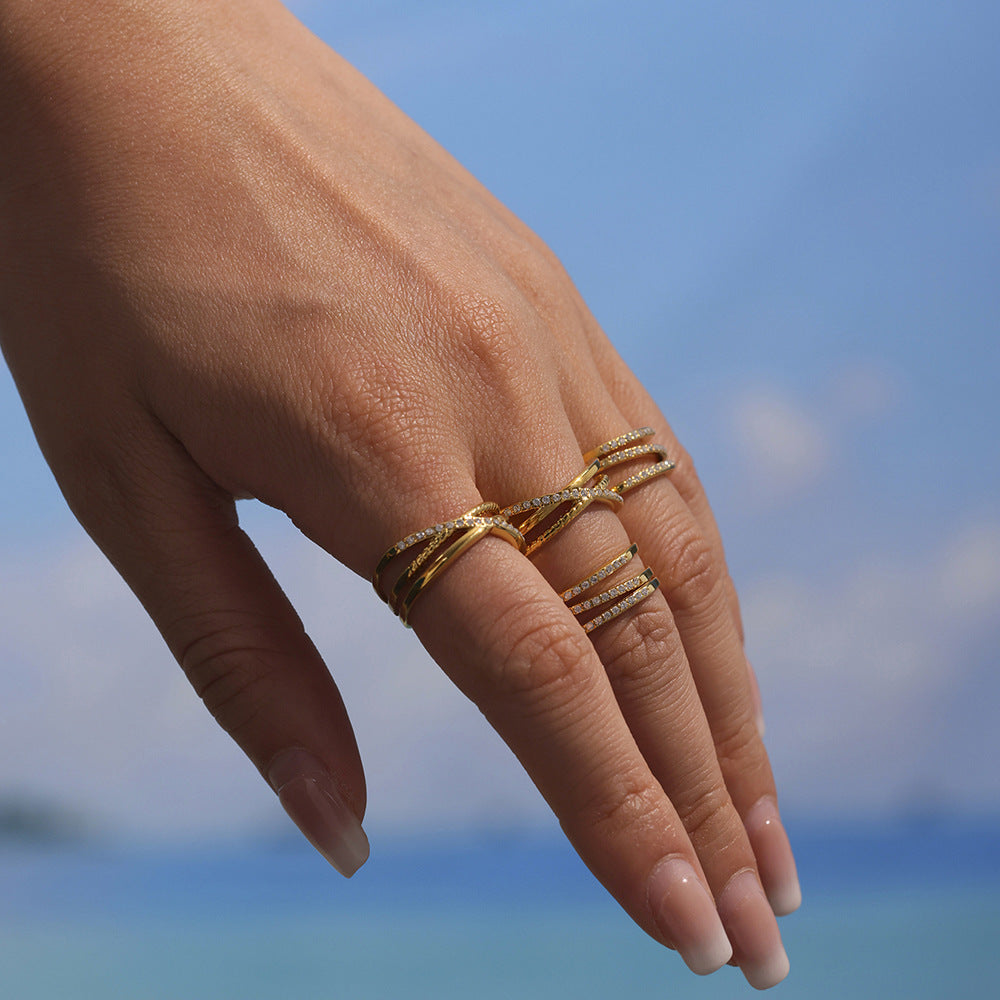 5A Zircon Ultra fine Three layer Ring Stainless Steel Vacuum Plated 18K Gold with Adjustable Opening
