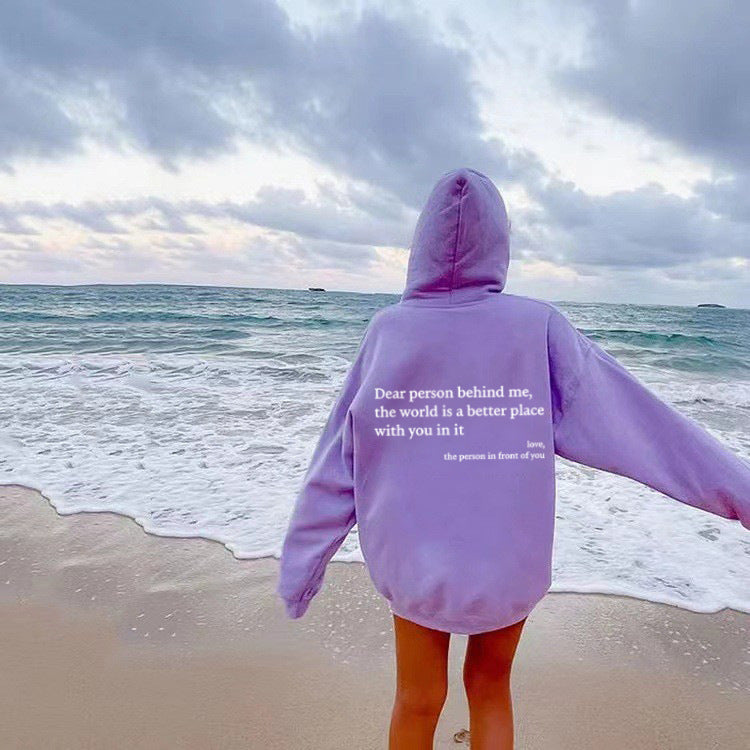Sudadera con capucha de terciopelo para mujer, con estampado de letras en color liso, bolsillo canguro y cordón ajustable