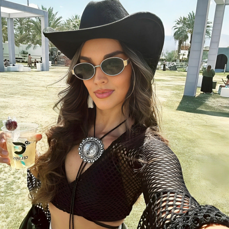 Gafas de sol de metal con montura elíptica, gafas de alta gama para mujer, gafas de sol estilo ojo de gato retro y de moda