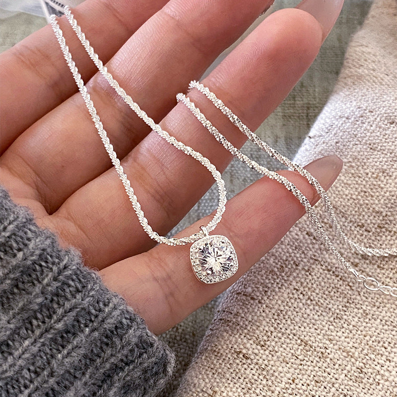 S925 Pure Silver Square Sparkling Zirconia Necklace Simple Square Sugar Collarbone Chain for Women