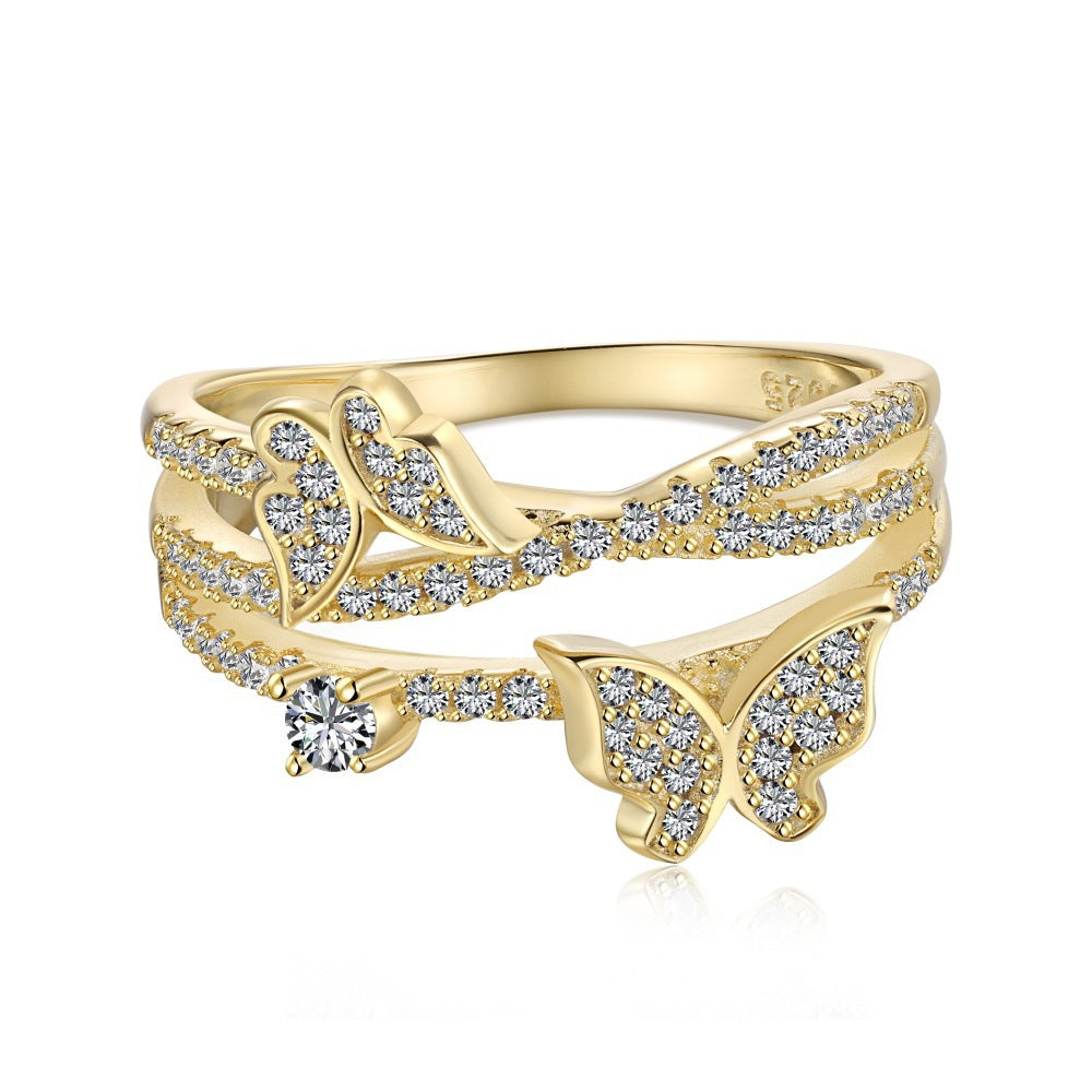 S925 Sterling Silver Ring, Women's Gold Butterfly Zircon Light Luxury High-end Ring