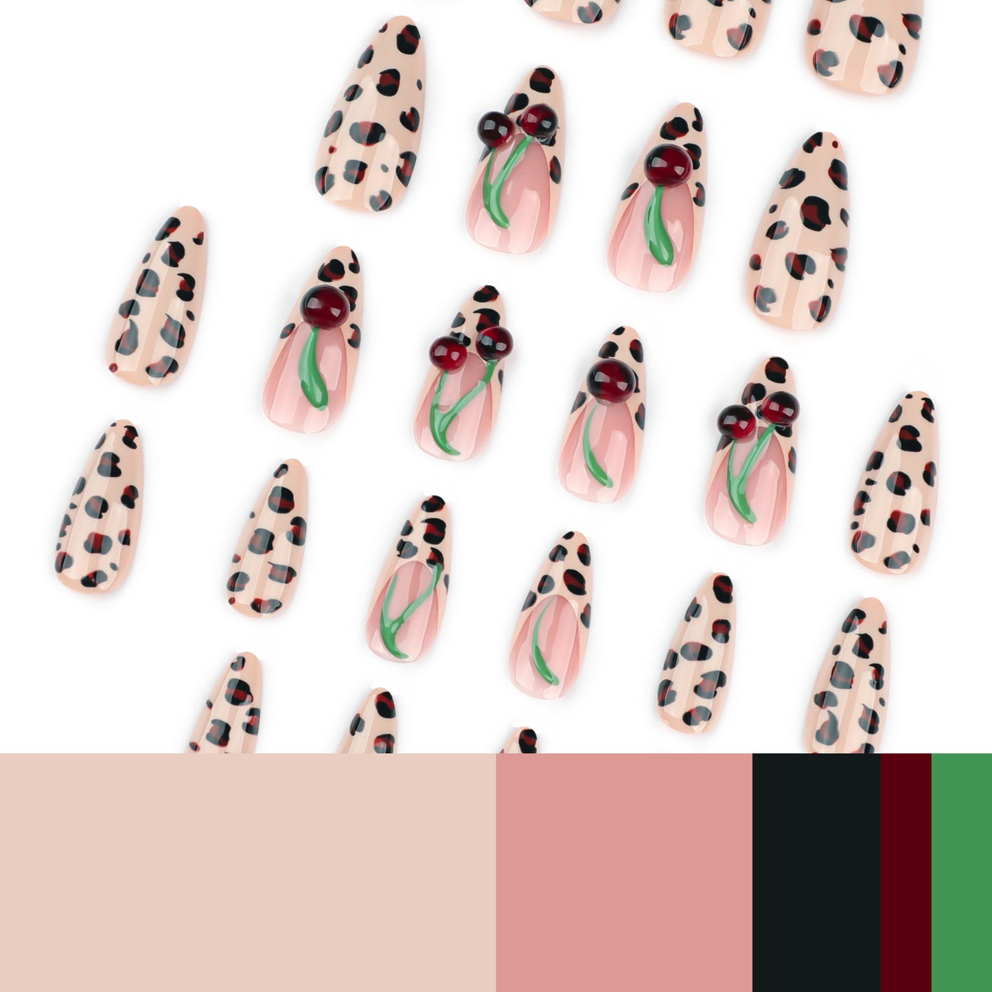 Winter Leopard Print Wearable Nail, Three-dimensional Cherry Nail Art, French Wearable Nail Piece