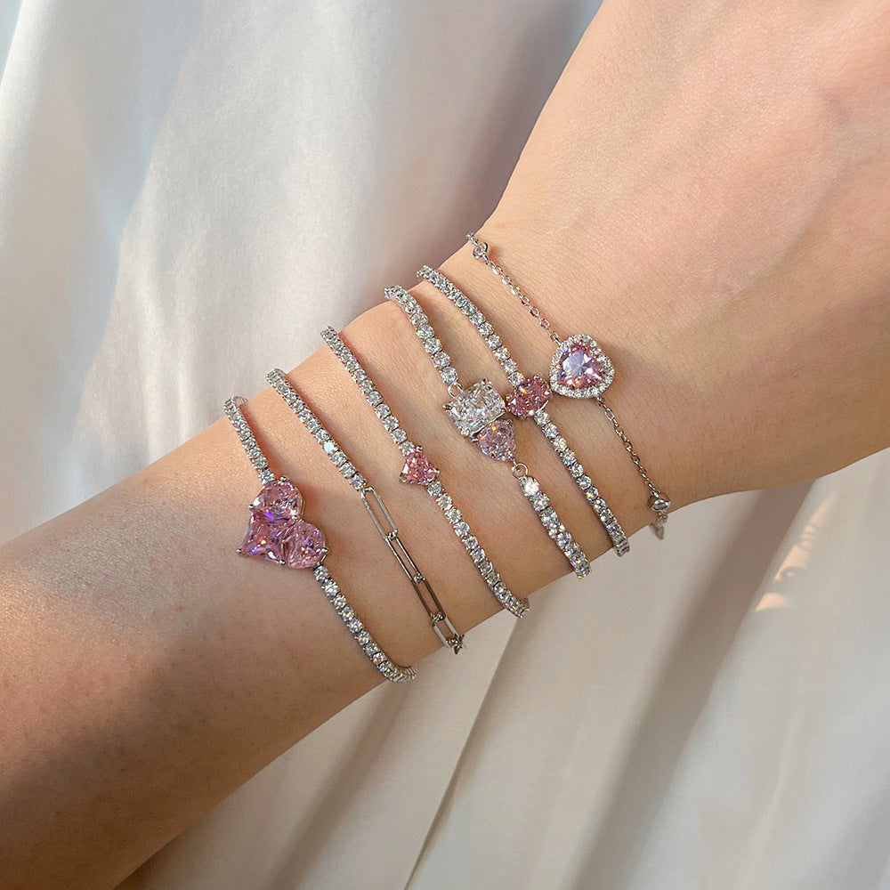S925 Sterling Silver Bracelet for Women, Pink Heart-shaped Zircon Row Diamond