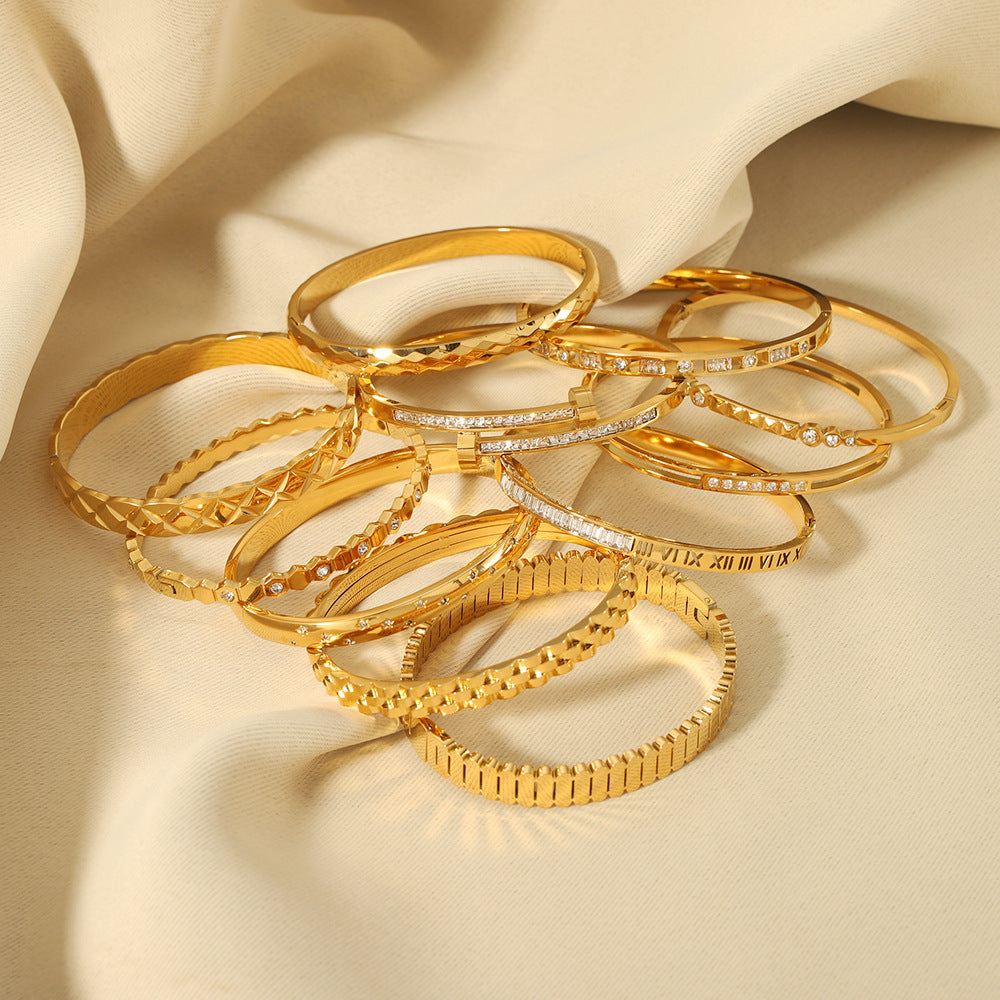 Zircon Bracelet with Roman Numerals, Diamond Pattern, Five-pointed Star, Stainless Steel Plated with Real Gold Jewelry