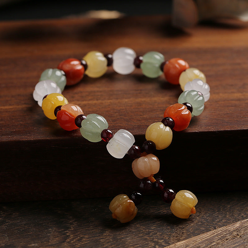 Pulsera de jade de seda dorada natural de Xinjiang, estilo étnico, con nudo de bambú y cuentas de calabaza, pulsera de jade amarillo colgante