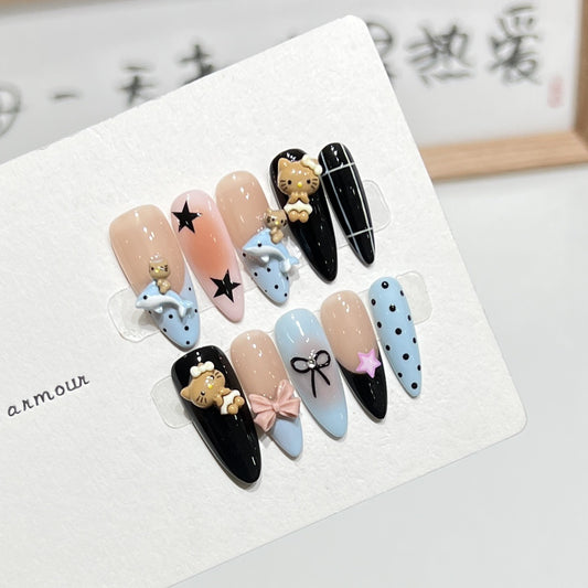 Wearing Handmade Nail, Sweet and Cool, Cute Red Cheeks, Dreamy Cartoon, Kitty Cat Detachable Nail Piece