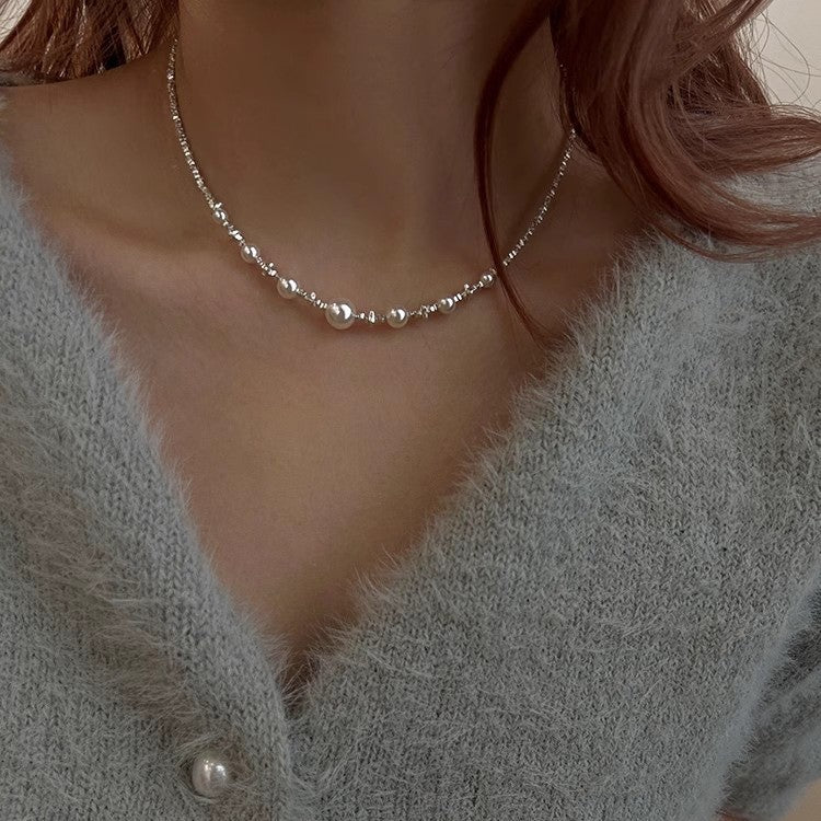 S925 Sterling Silver Faux Pearl Necklace for Women, Geometric Necklace for Women