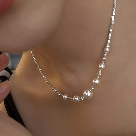 S925 Sterling Silver Faux Pearl Necklace for Women, Geometric Necklace for Women