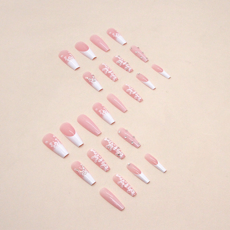 Long Ballet Nail Diamond Nail White Long French Fake Nail Sweet Wearing Nail
