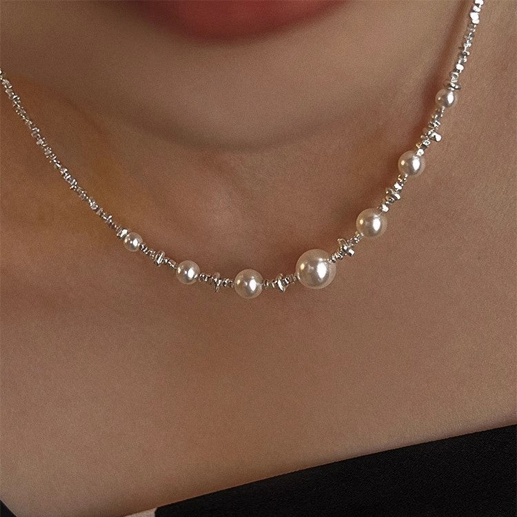 S925 Sterling Silver Faux Pearl Necklace for Women, Geometric Necklace for Women