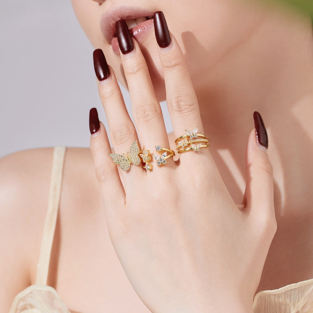 S925 Sterling Silver Ring, Women's Gold Butterfly Zircon Light Luxury High-end Ring