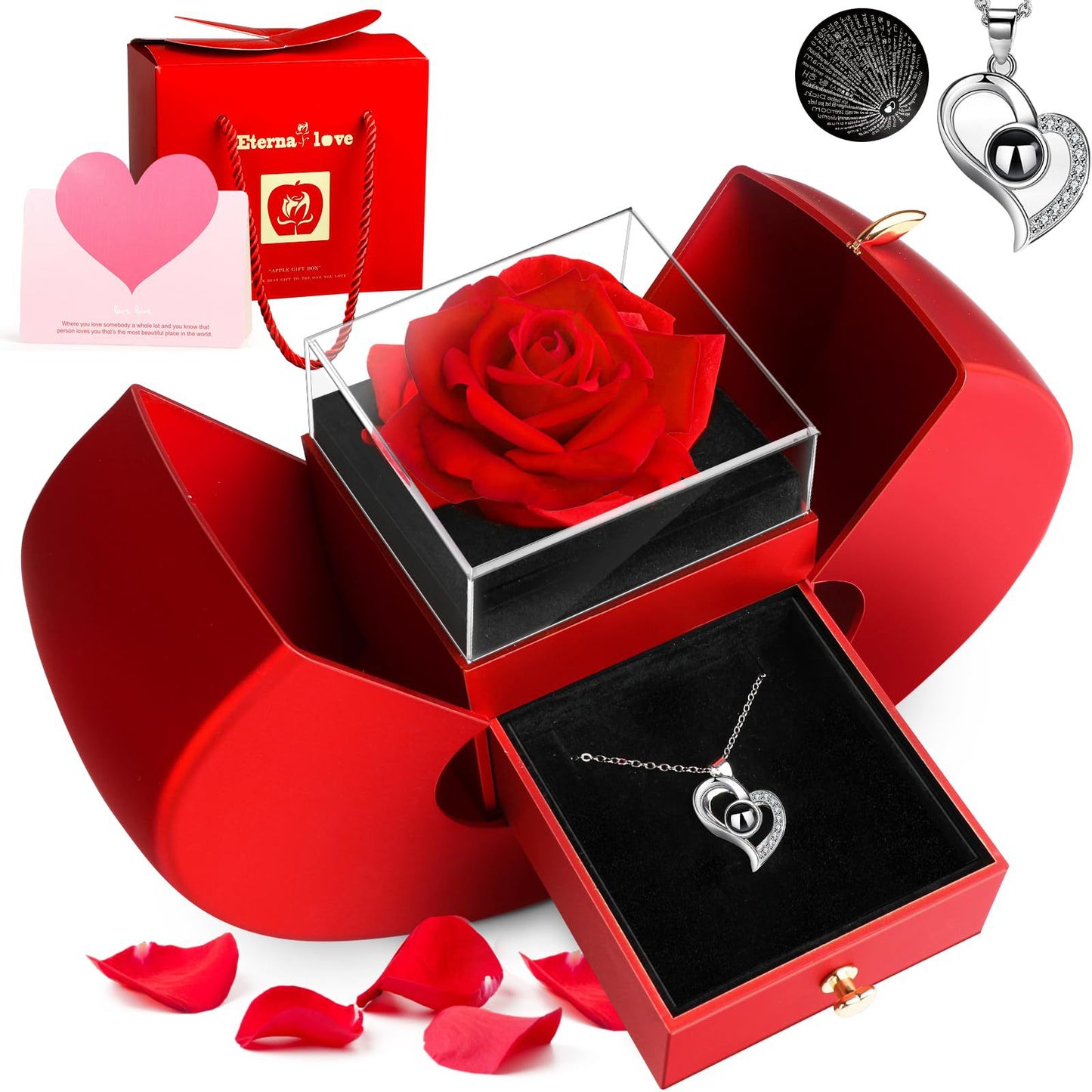 Apple Rose Jewelry Box Heart Shaped Necklace Love Pendant Valentine's Day Christmas Gift