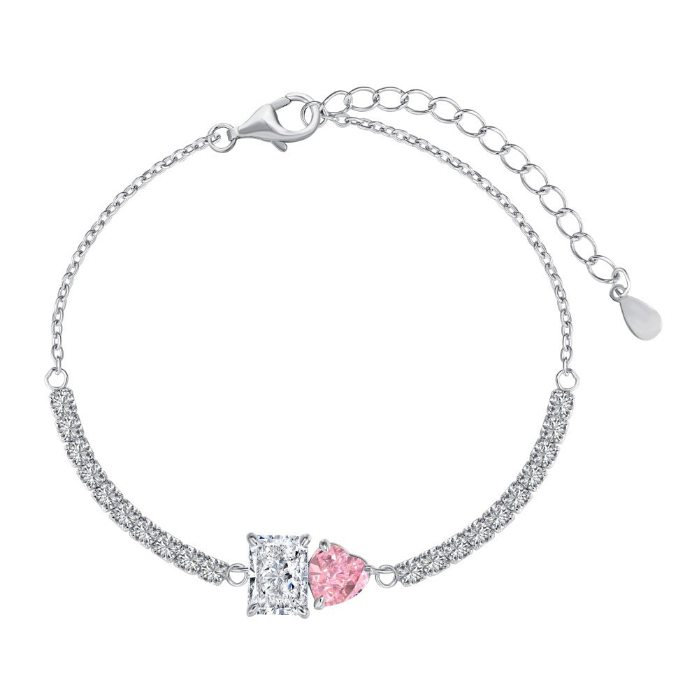 S925 Sterling Silver Bracelet for Women, Pink Heart-shaped Zircon Row Diamond