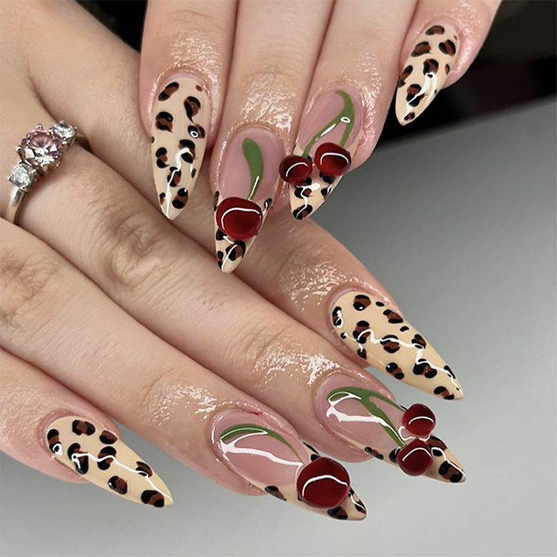 Winter Leopard Print Wearable Nail, Three-dimensional Cherry Nail Art, French Wearable Nail Piece
