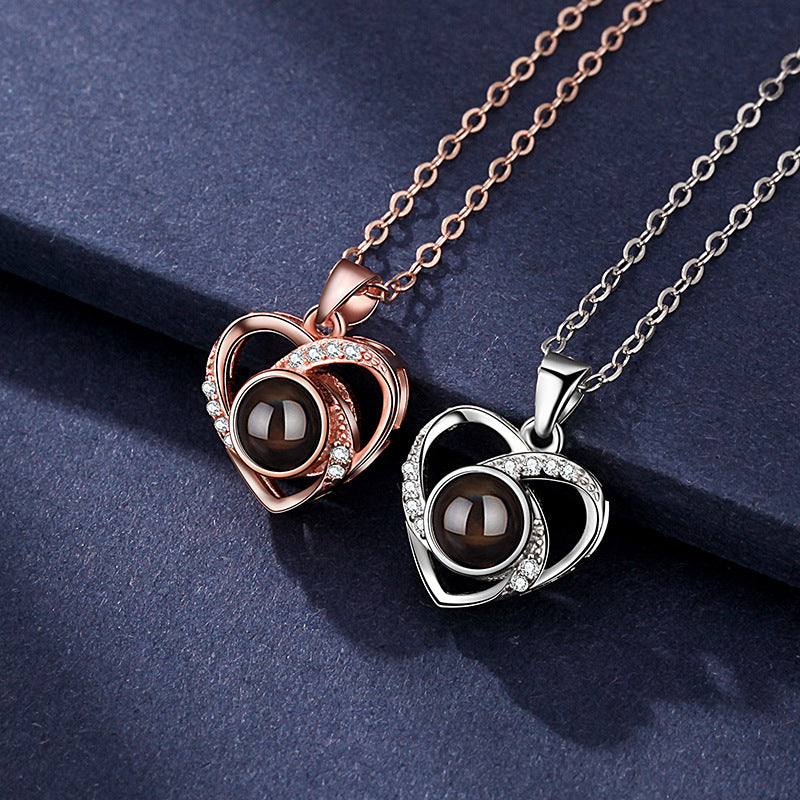 Collar de plata 925 con forma de corazón, forma de corazón femenino, 100 idiomas, te amo, cadena para clavícula