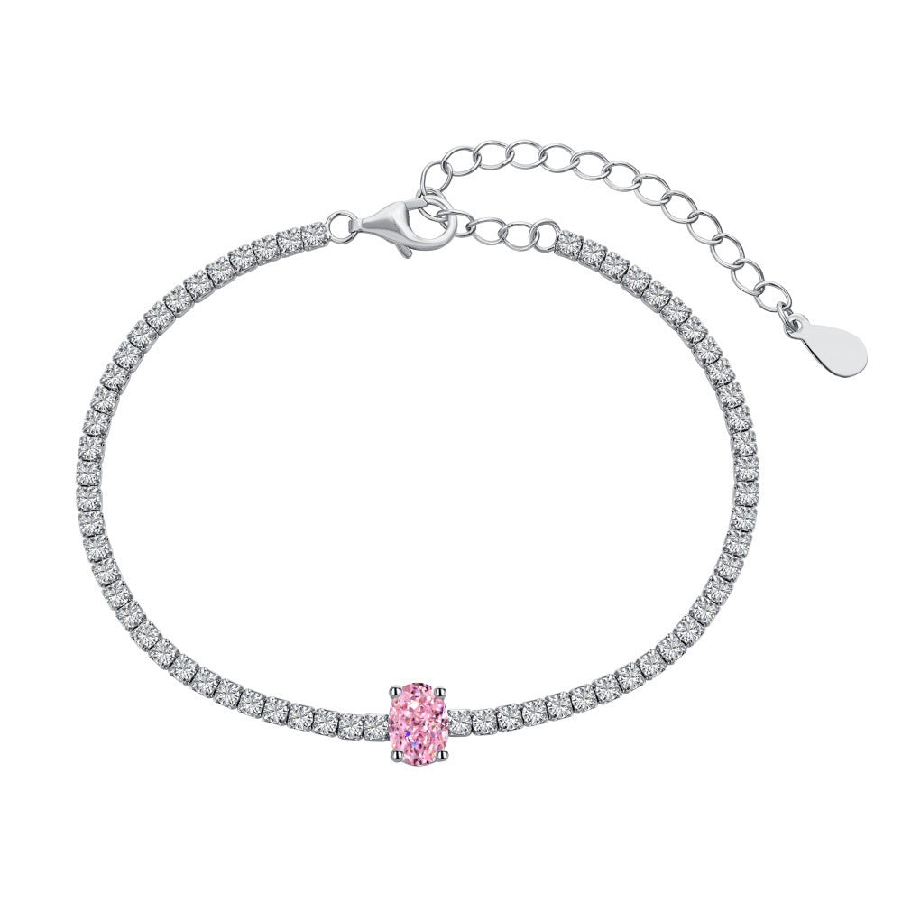 S925 Sterling Silver Bracelet for Women, Pink Heart-shaped Zircon Row Diamond